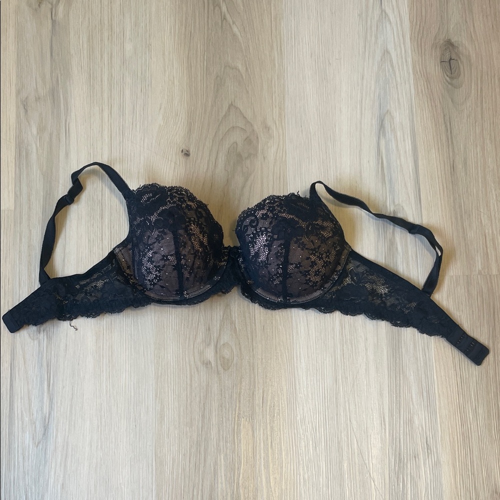 Victoria's Secret Black Lined Demi Lace Bra with Pink Lining - Size 34D